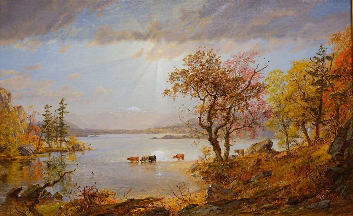 Jasper Francis Cropsey's oil painting Mount Washington from Lake Sebago, Maine, about 1867: autumn trees, cattle wading, snowy peak far off