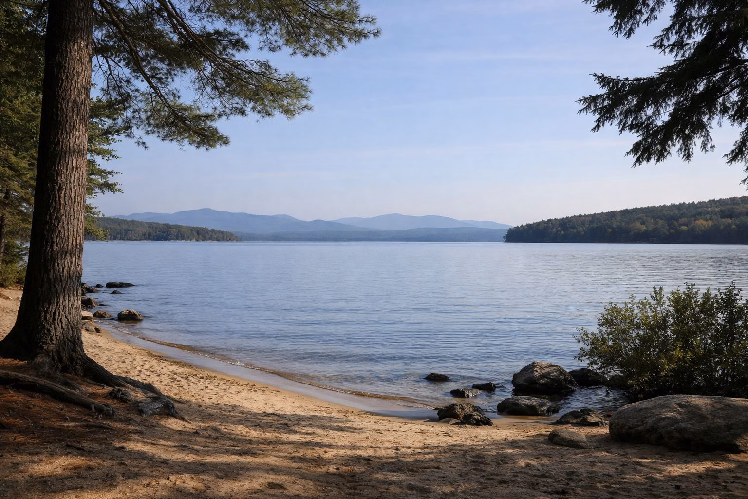 A wide calm lake seen from a pine-shaded shore, gentle ripples, low blue mountains on the far horizon
