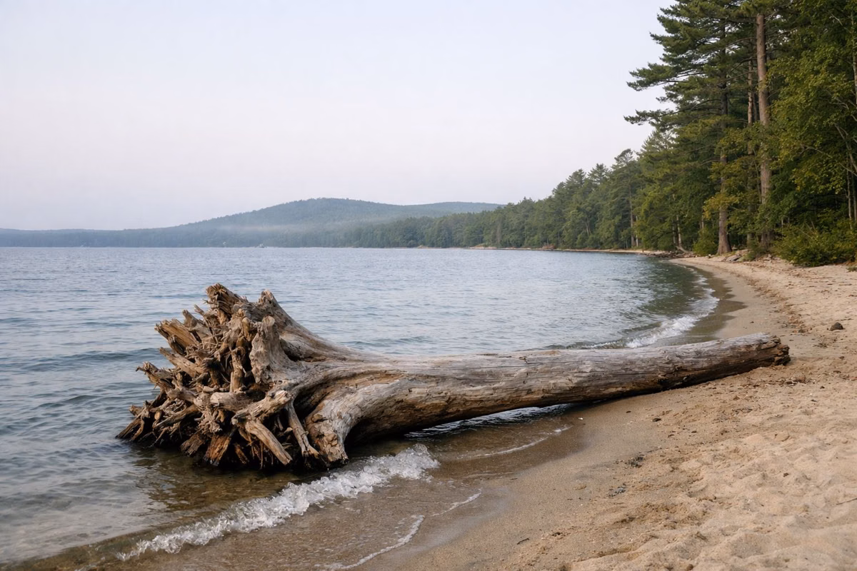 A large driftwood log with its root wad lying along a sandy lake shoreline, small waves