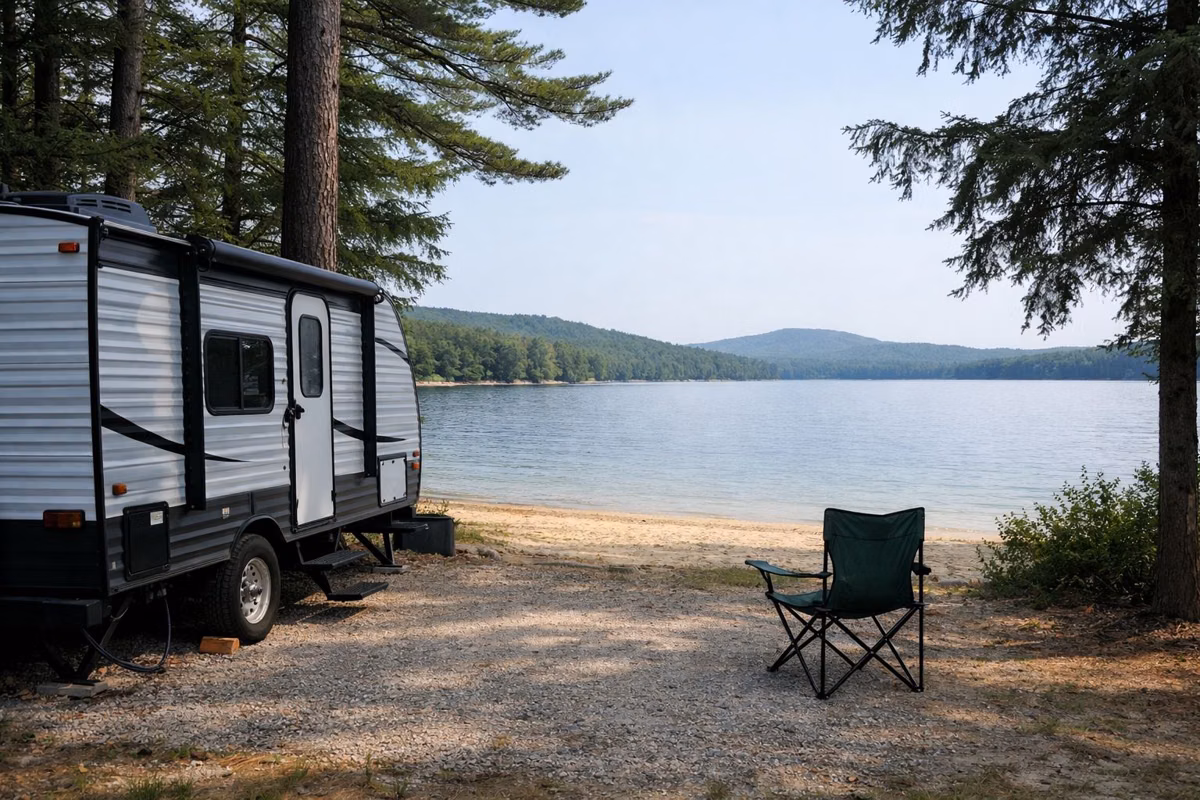 A camper parked on a level gravel campsite among pines and hemlocks, a lawn chair beside it