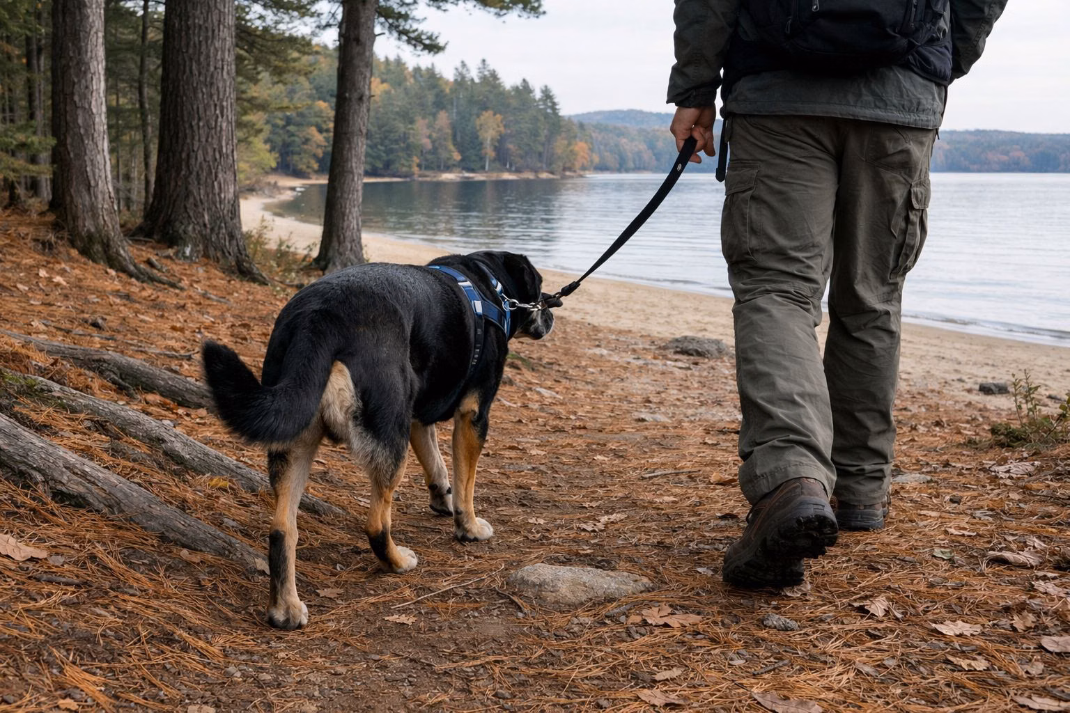 A leashed dog walking beside a hiker's legs on a forest trail covered in pine needles