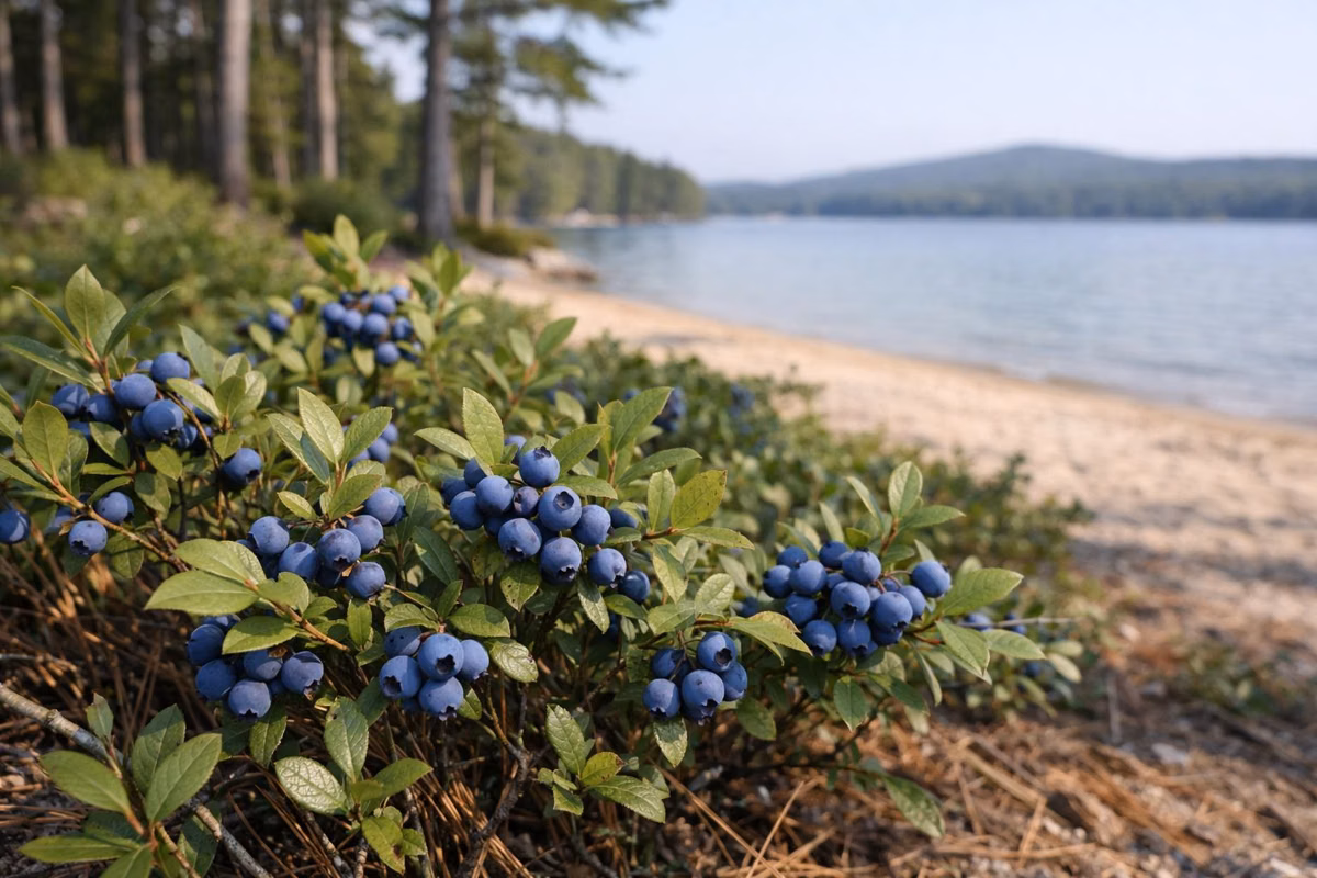 Low wild blueberry bushes heavy with ripe berries in a sunny clearing