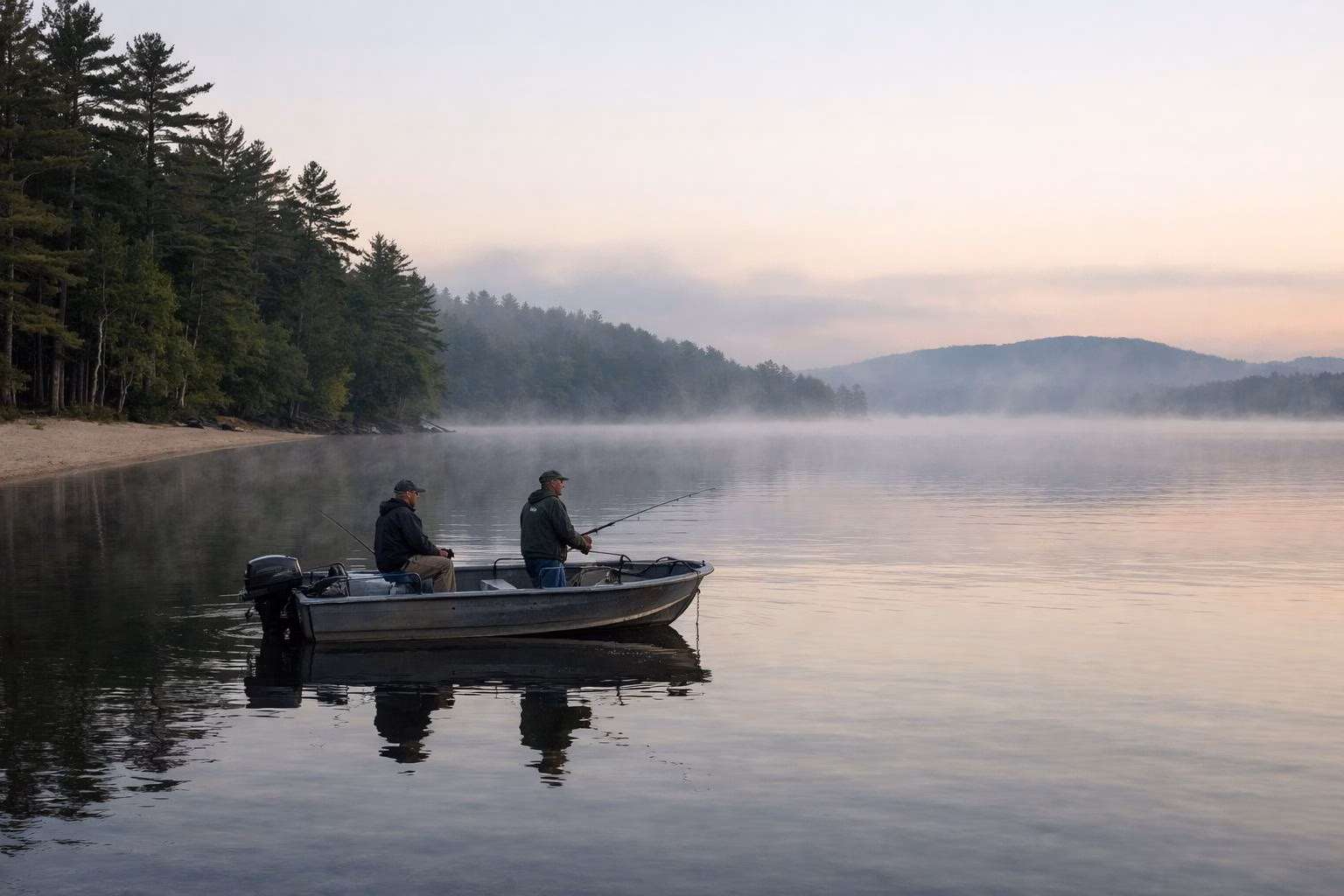 A small aluminum fishing boat with two anglers on a large calm lake, morning mist on the water