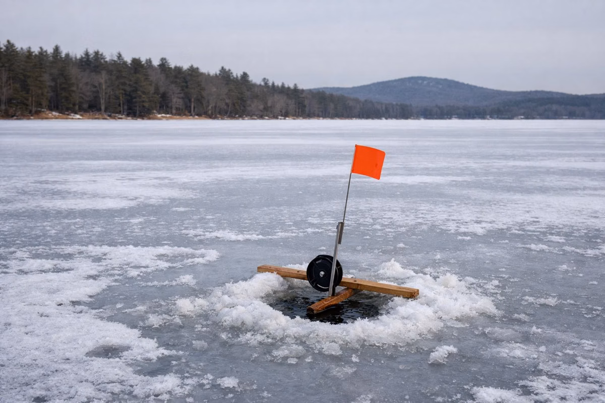 An ice fishing hole with a tip-up flag on a snow-dusted frozen lake, a wooded shoreline far behind