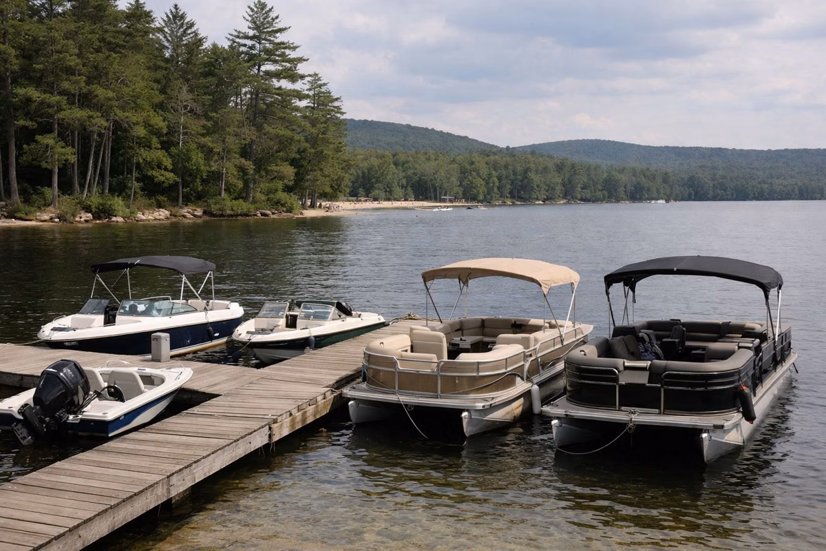 Small motorboats and pontoon boats tied at a wooden lakeside marina