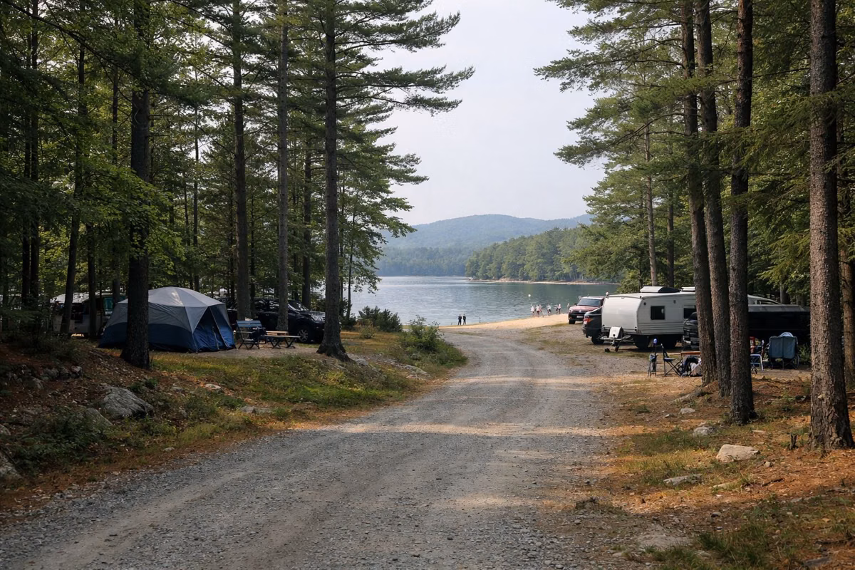 A narrow gravel campground loop road winding through pines with campsites set back among the trees