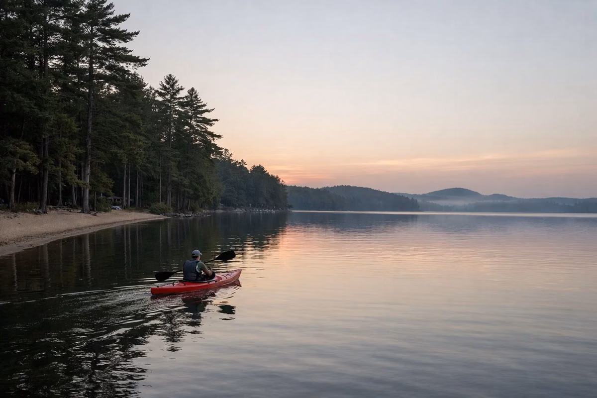 A single kayaker paddling on a glassy lake near a pine-covered shore