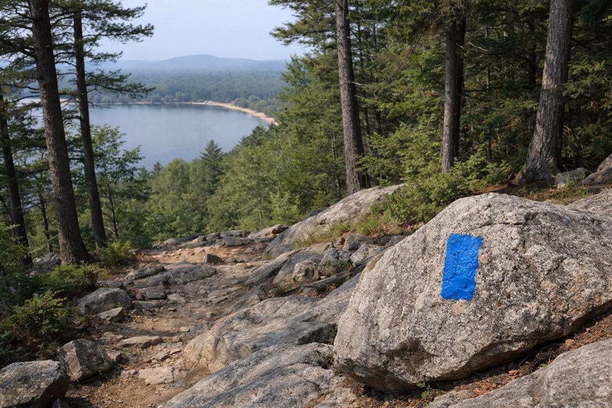 A steep rocky mountain trail through mixed forest with a painted blue blaze on a rock