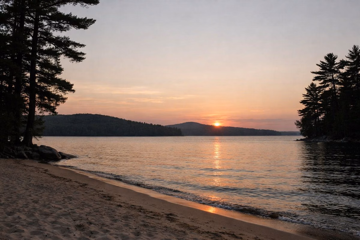 A large lake at sunset seen from a sandy beach, pines silhouetted along the shore
