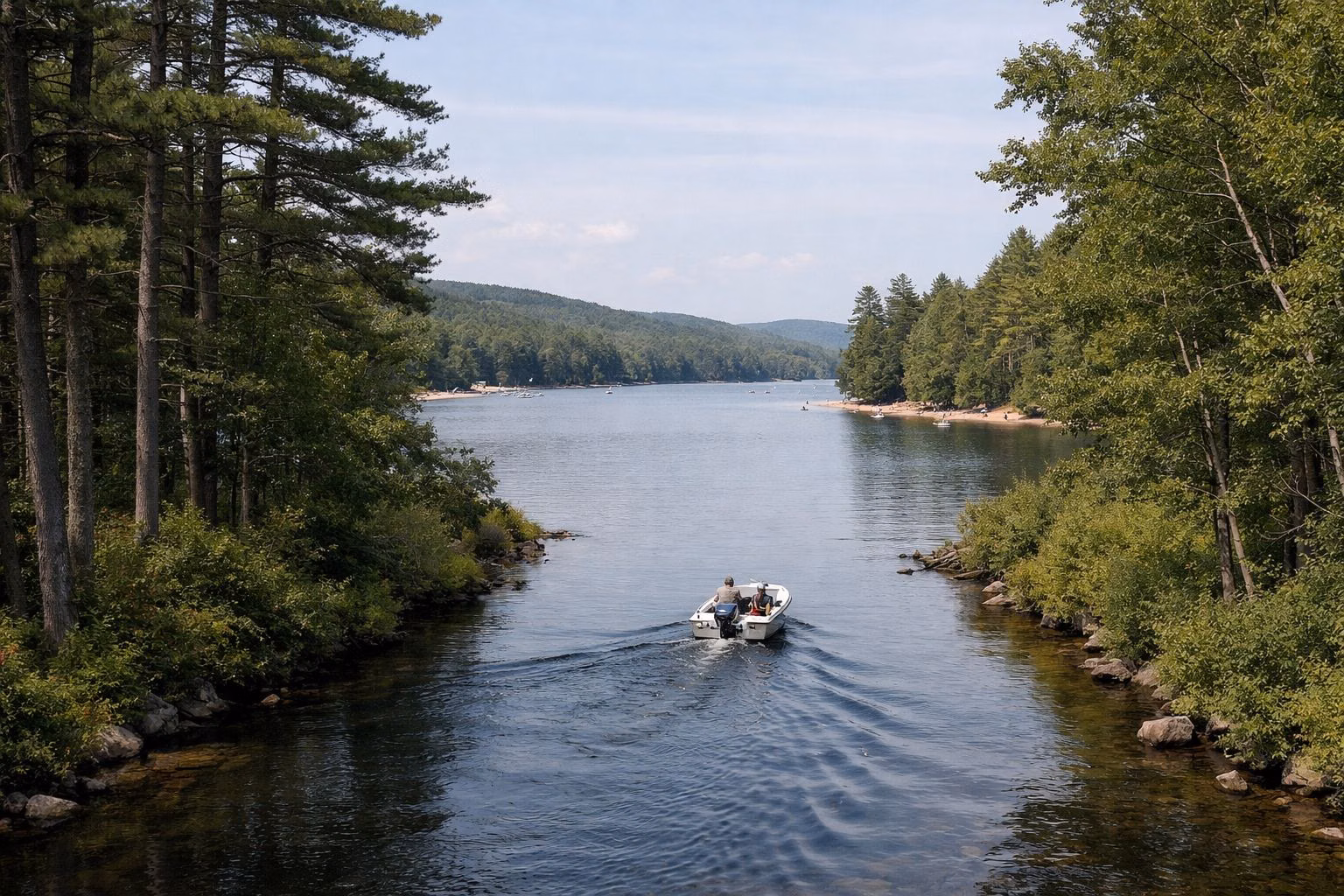 A narrow winding tree-lined river with a small motorboat travelling slowly, calm water, pines and maples on both banks