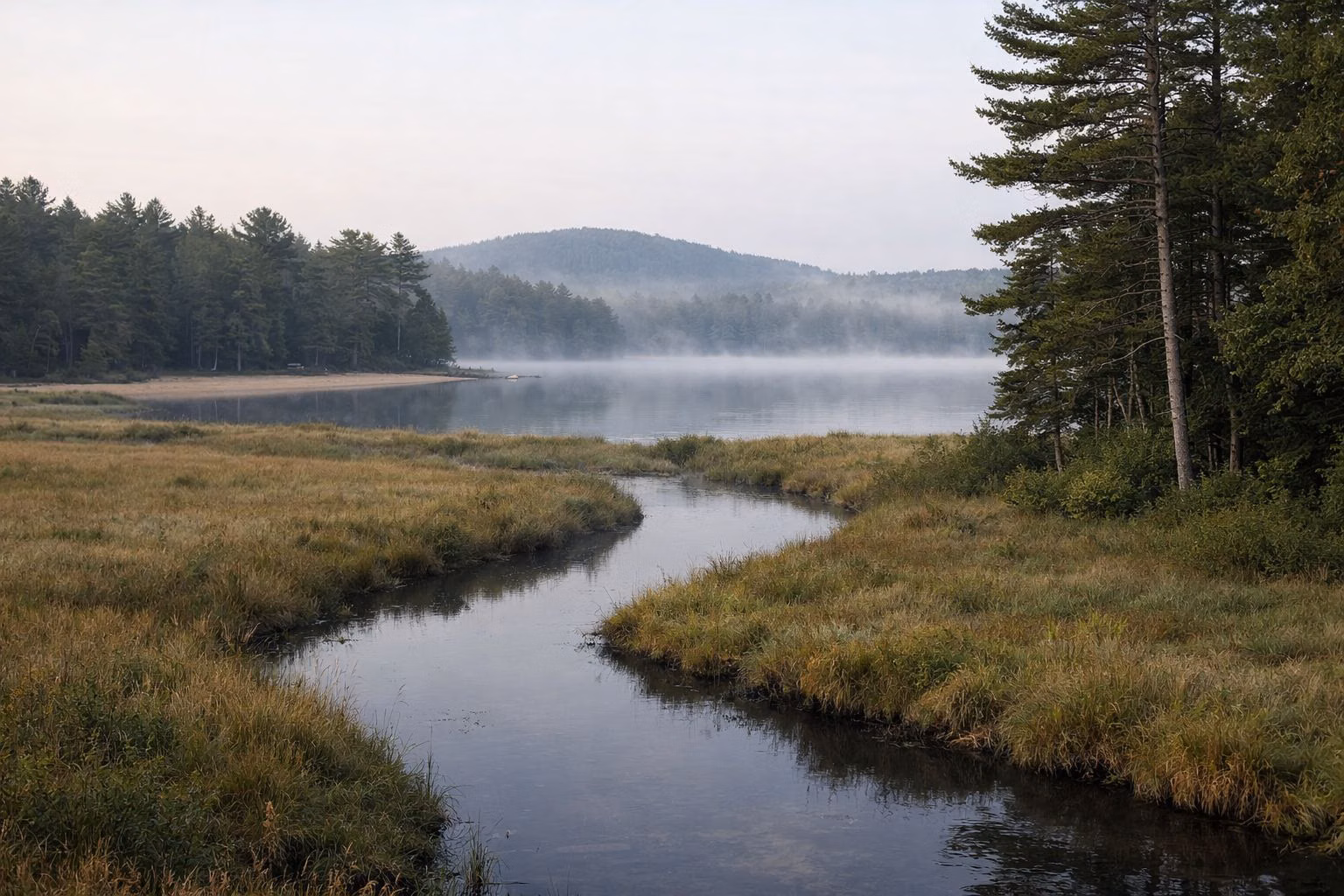 A slow meandering river through marsh grass and pines with light mist on the water