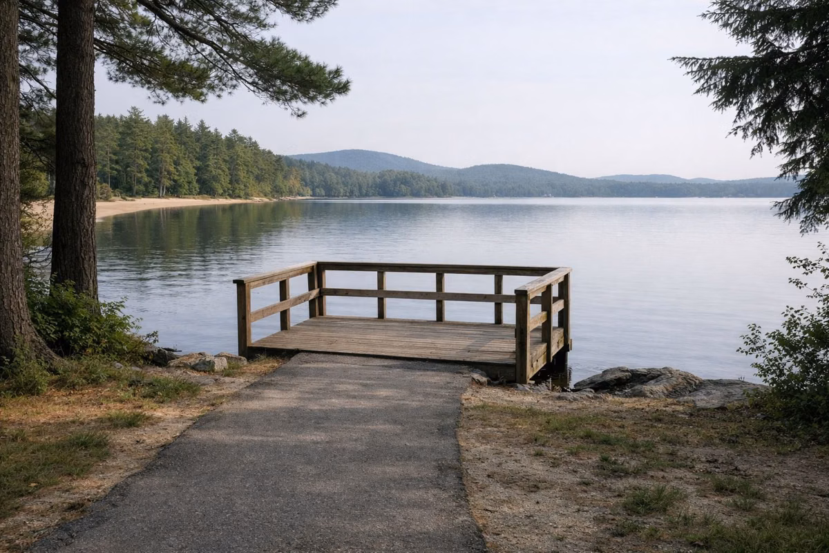 A short wooden fishing platform with railings on a quiet riverbank, a paved path leading to it