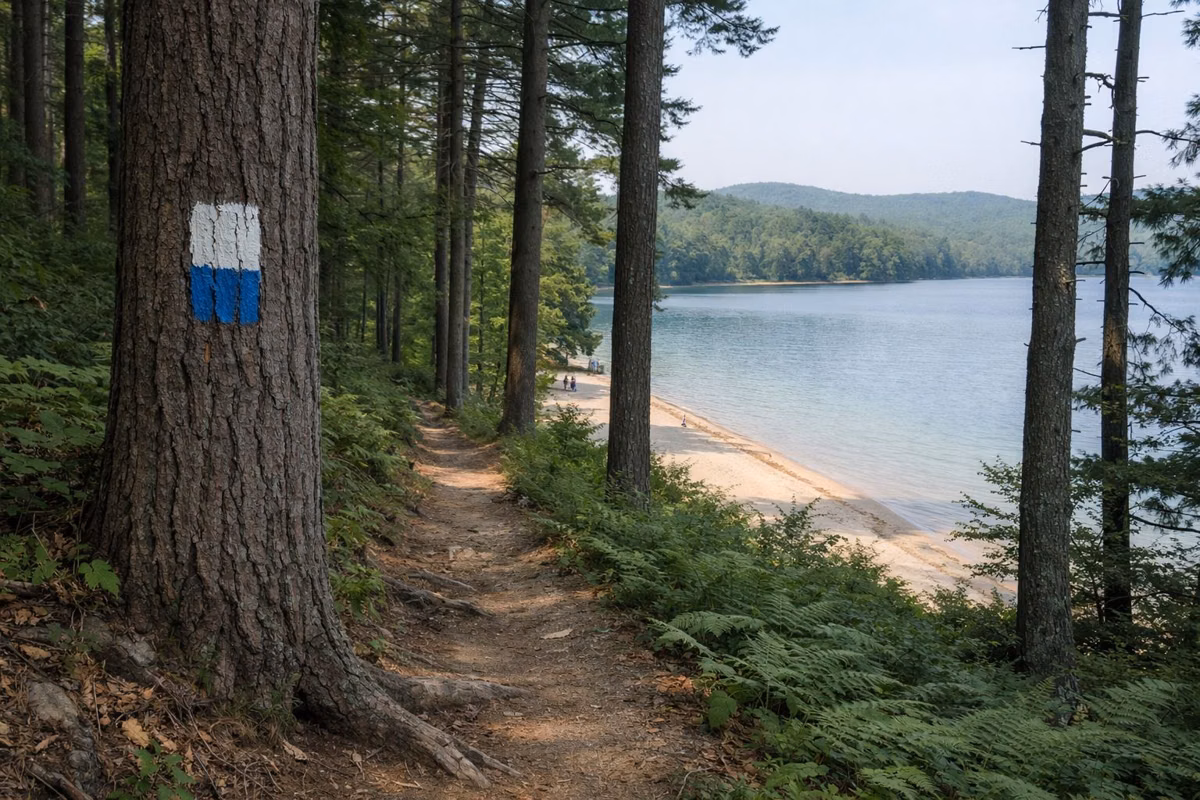 A narrow dirt hiking trail through hemlock and white pine forest, a painted trail marker on a tree trunk