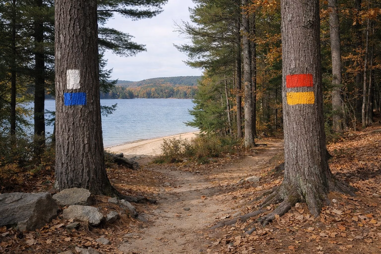 A trail junction in mixed hardwood and pine forest with fallen leaves, painted markers on two trees