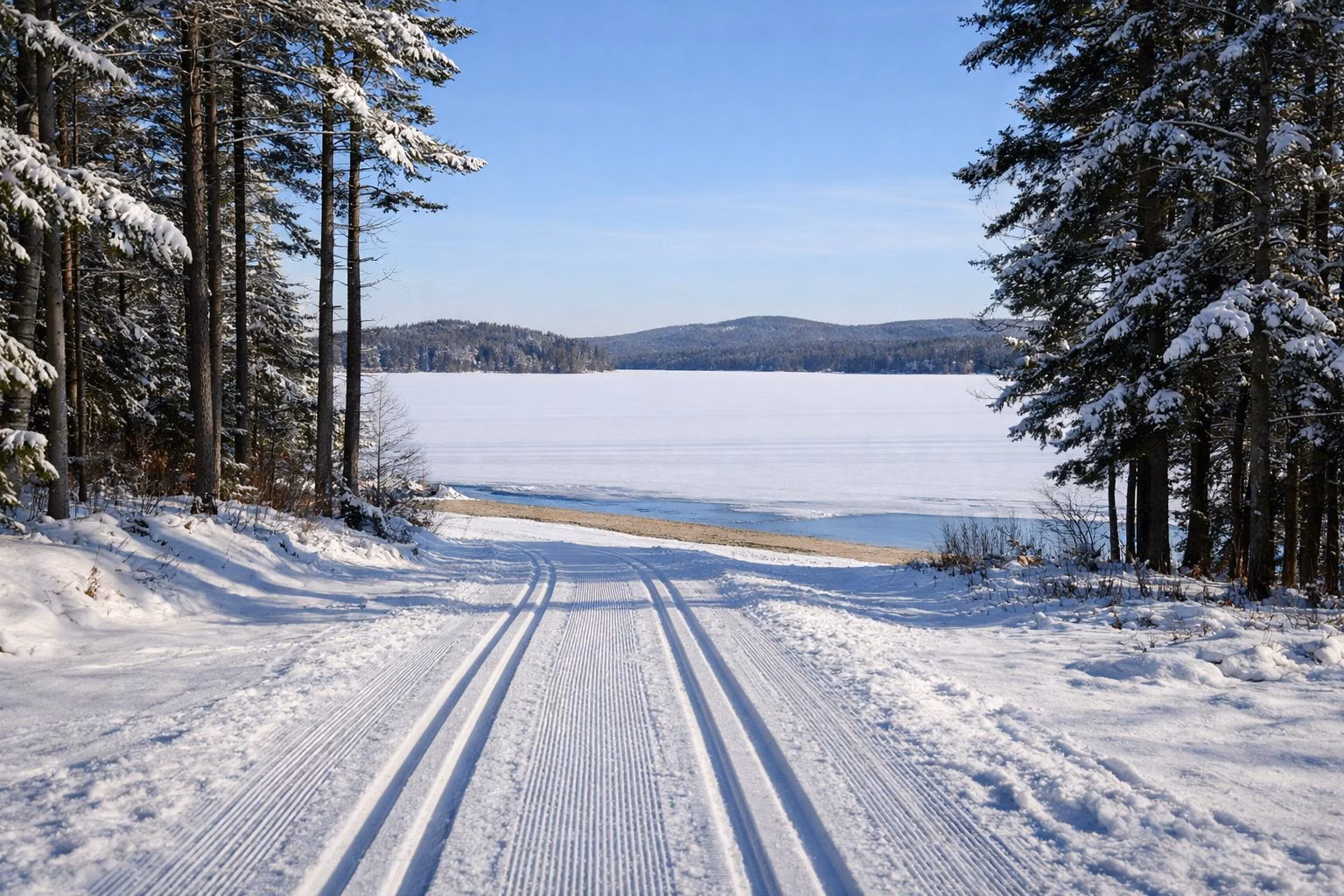 A groomed cross-country ski trail with two set tracks running through snowy pine forest, blue sky